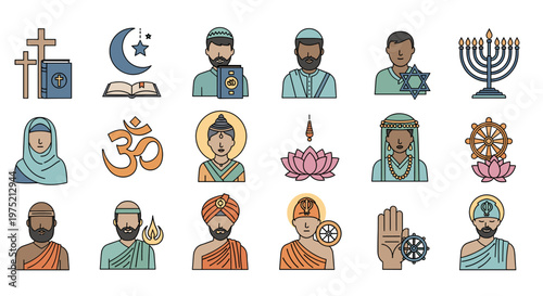 Diverse collection of religious symbols and figures representing various world faiths and spiritual beliefs.