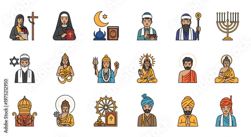 Collection of diverse religious figures and symbols representing various faiths and spiritual traditions from around the world.