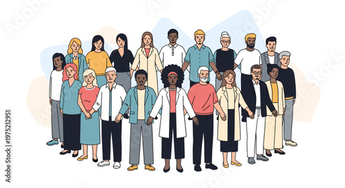 A diverse group of men and women of various ages and ethnicities standing together in a flat vector illustration.