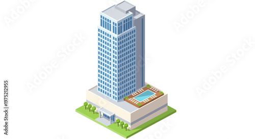 Isometric Modern Skyscraper Building with Rooftop Pool and Greenery.