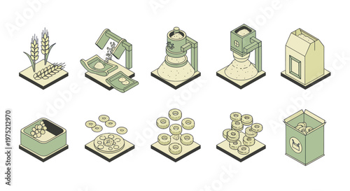 Isometric set of agricultural production process from wheat to flour and bread.