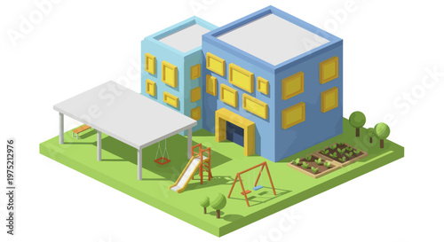 Isometric View of a Modern Apartment Building with Playground and Carport.