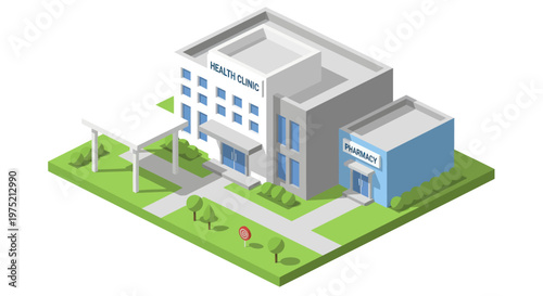 Isometric view of a modern hospital building with surrounding landscape.