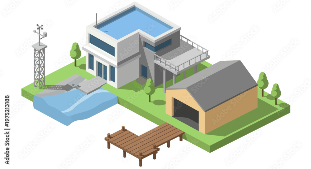 Fototapeta premium Modern House with Garage and Dock on Water.