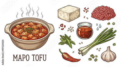 Mapo Tofu Dish in Clay Pot with Ingredients like Tofu, Chili Oil, Minced Meat, and Scallions Hand Drawn Vector Illustration