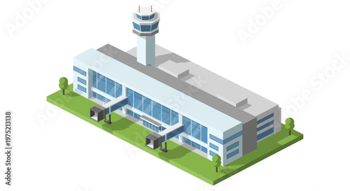 Modern Airport Terminal Building with Control Tower Isometric Illustration.