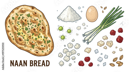 Hand Drawn Naan Bread Vector Illustration with Ingredients Flour Egg and Green Onions on Black Background
