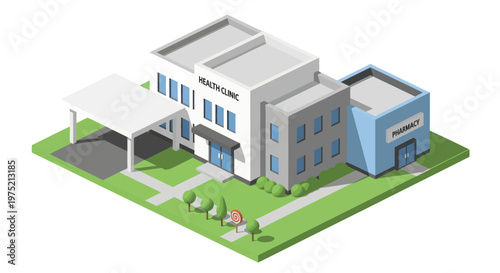 Modern Healthcare Building with Entrance and Parking Area.