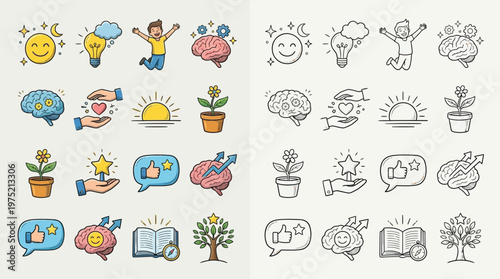 A collection of colorful and line-art icons representing positive emotions, growth, and learning, suitable for various applications.