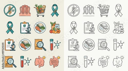 Collection of colorful and monochrome icons representing health, nutrition, and medical research, including food, intestines, and scientific tools.