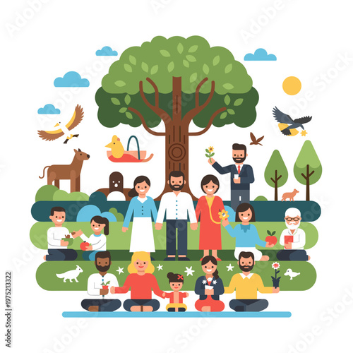Diverse community of people, animals, and nature living in harmony around a large tree, symbolizing unity, growth, and environmental connection.