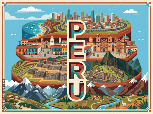 Layered illustration of Peru landmarks and landscapes