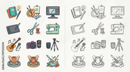 A collection of colorful icons representing various creative hobbies and artistic pursuits, including painting, music, photography, and pottery.