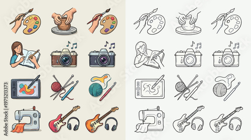 Collection of colorful icons representing various creative hobbies and artistic activities, including painting, pottery, drawing, photography, music, crafting, and sewing.
