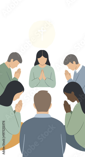 A diverse group of people gathered in prayer, with a central figure and a glowing cross symbol above.