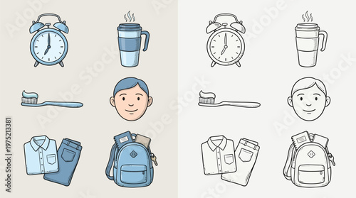 A collection of icons depicting items and activities associated with a morning routine, including an alarm clock, coffee cup, toothbrush, clothing, and backpack.