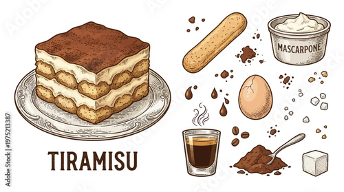 Tiramisu Italian Dessert with Ingredients Hand Drawn Vintage Vector Illustration Set