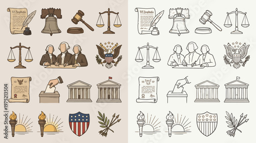 Collection of hand-drawn icons representing American government, law, and justice, including symbols like the Liberty Bell, scales of justice, gavels, and government buildings.