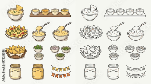 Collection of colorful and monochrome illustrations of nacho cheese dips, tortilla chips, and various dipping sauces, presented in bowls and jars, with decorative banners.