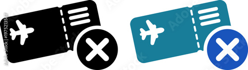 航空券の予約失敗を表す×マーク付きチケットアイコン（Flight Ticket Booking Failed Icon with Cross Mark）
