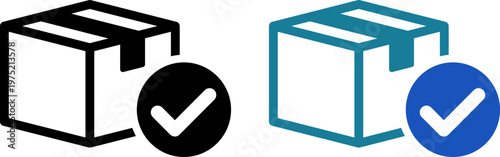 チェックマーク付き段ボール箱の発送完了アイコン（Package Box with Check Mark Icon）
