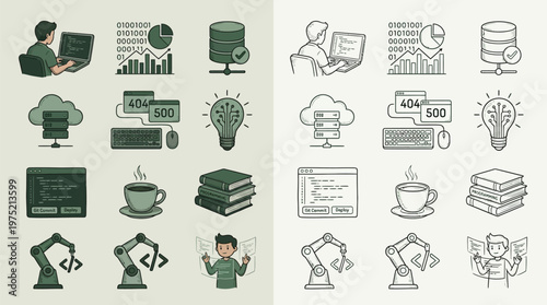 A collection of icons representing various aspects of software development, including coding, data, and technology.