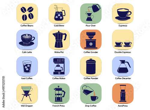Coffee Brewing Methods Icon Set - Flat Vector Illustration of Coffee Equipment