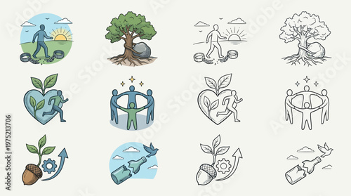 Collection of illustrations depicting environmental themes, including nature, sustainability, and community.