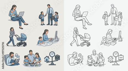 Illustrations depicting modern family life, balancing work, childcare, and household responsibilities with a focus on the evolving roles of parents.