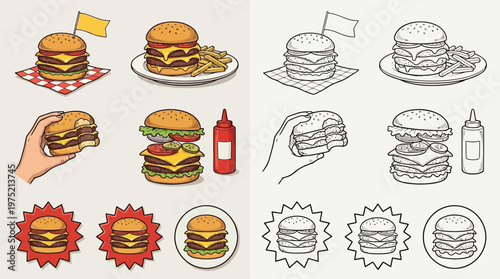 Collection of colorful and black and white illustrations of cheeseburgers, fries, and ketchup bottles, presented in various arrangements and styles.