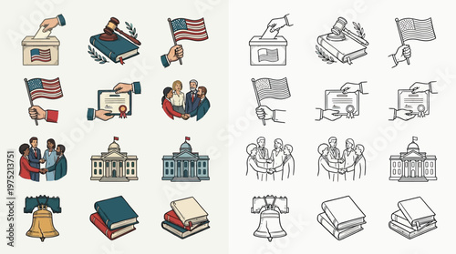 Collection of colorful and line-art icons representing voting, justice, government buildings, and diverse groups of people.