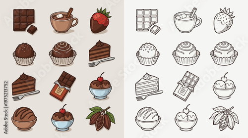 A collection of delicious chocolate-themed desserts and treats, including chocolate bars, cakes, truffles, and hot chocolate, presented in both color and outline styles.