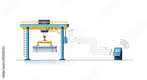 Industrial Smart Factory Gantry Crane for Heavy Metal Lifting with Remote Control System and Automation Path, Vector Illustration of Industry 4.0 Technology