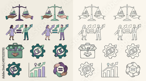Collection of icons representing gender equality, diversity, and inclusion in the workplace and society.