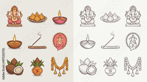 A collection of colorful and monochrome icons representing Hindu religious symbols and offerings, including Ganesha, diyas, modaks, coconuts, and incense sticks.