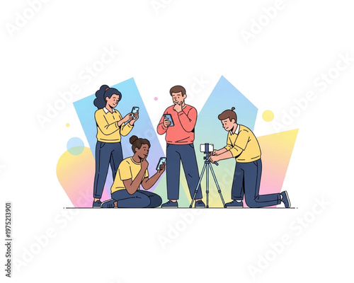 Gen Z social media content creators concept. Diverse group of young influencers recording a video vlog using a smartphone on a tripod while managing mobile apps. Modern flat vector illustration.