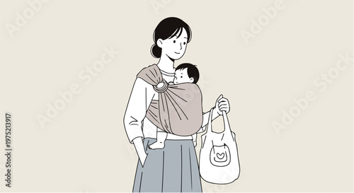 Mother carrying baby and shopping bag