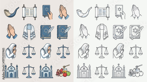Collection of religious symbols and icons representing Judaism, Christianity, and Islam, including Torah scrolls, prayer books, shofars, crosses, mosques, and scales of justice.