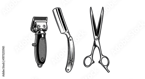 Vintage Barber Tools: Clippers, Straight Razor, Scissors - Black and White Illustration