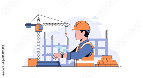 Construction Worker Using Smartwatch at Building Site Illustration, Industrial IoT and Smart Technology Concept