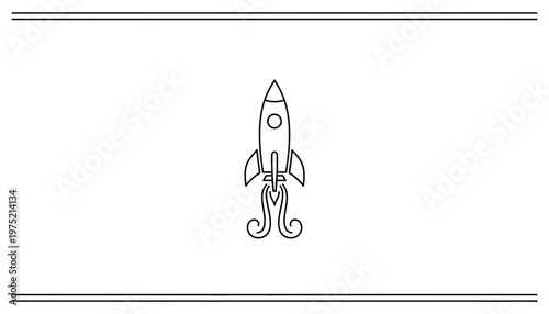 Minimalist rocket ship launching with stylized smoke, simple line art, space exploration concept