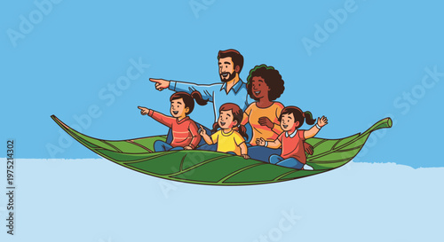 Diverse family sailing on a giant leaf through a blue sky, symbolizing eco-friendly travel and adventure.
