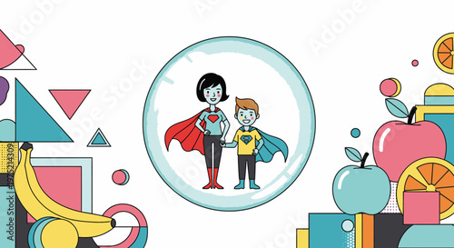 Mother and son dressed as superheroes standing together inside a bubble, surrounded by abstract shapes and fruit.