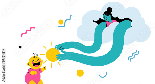 Joyful baby reaching for the sun, with a mother figure extending arms from a cloud, symbolizing hope and nurturing