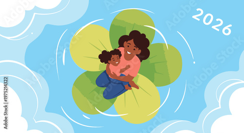 Mother and child embracing on a lily pad, surrounded by clouds and water ripples with the year 2026