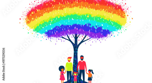 Diverse family standing united under a vibrant rainbow tree, symbolizing love, growth, happiness, and inclusivity. Colorful illustration representing family values and support.