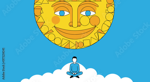 Person meditating on cloud with stylized sun face in blue sky, representing peace and mindfulness
