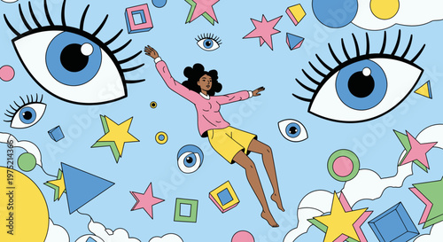 Surreal illustration of a woman floating amidst giant eyes, stars, and geometric shapes on a blue background