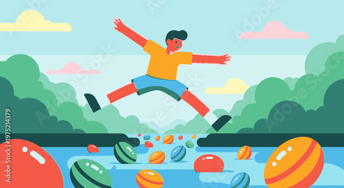 Young boy jumping across colorful stepping stones in a river with lush green trees and cloudy sky
