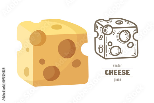 Vector cheese cube icon. Tiny maasdam piece with big holes. Outline hand drawn sign. Bright graphic food element. Dairy product. 2 style variants set. Flat cartoon design. Simple cute doodle sketch